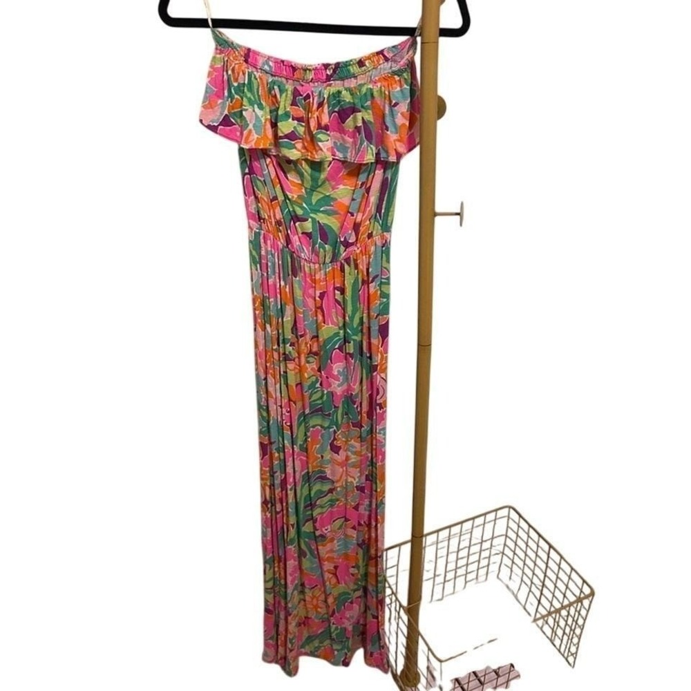 Lilly Pulitzer Pink Green Floral Off The Shoulder Maxi Dress XS Tropical Ruffle - Picture 2 of 5